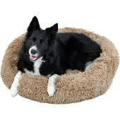 Zöllner Hundebett Katzenbett Donut, 80 cm rund, hellbraun mit kuscheligen Langhaarplüsch
