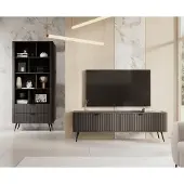 Meble Laski LANTE Schwarzes Wohnzimmermöbel-Set – 2-teilig, gerillte Fronten, Regal + TV-Schrank 163 cm