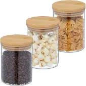 Relaxdays Vorratsgläser mit Bambusdeckel, 3er Set, runde Vorratsdosen aus Glas, 650 ml, luftdicht, transparent/natur