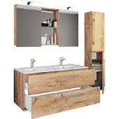 VCM 4-tlg. Doppel Waschplatz | 2x Waschtisch | Badmöbel Set mit Unterschrank, Waschbecken, Hochschrank und Spiegelschrank | Doppelwaschbecken | Komplettset Budasi SC