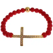 Nialaya Rotes Korallen Gold CZ Kreuz 925 Silberarmband