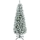 Slyrun Schlanker Kunst-Weihnachtsbaum mit Schnee-Effekt, 3-teilig, 183 cm, feuerhemmend, Metallständer, grün