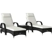 Welikera Sonnenliege Gartenliege Tisch 3er-Set Gartenmöbel, Polyrattan+Metall Schwarz+Cremeweiß