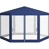 Novzep Blauer 6-eckiger Gartenpavillon mit Netzvorhängen, Metallgestell 3,94x3,412x2,5m