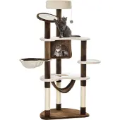 SUGIFT Kratzbaum 153 cm mit Hängematte, 2 Hängematten, Schlafhöhle, Kletterbaum Creme-Braun, Plüsch, Sisal | 65 x 50 x 153 cm | 14 kg | Spanplatte