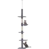 Novzep Höhenverstellbarer Deckenhaken-Kratzbaum, Grau, 40x34x230-260cm, Stabile Sisalsäulen Katzenkletterbaum