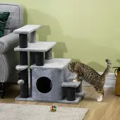 SUCCESS COURIER Haustiertreppe 3/4-stufige Katzentreppe mit Schlafhöhle & Spielball, Plüschbezug, stabile Spanplatte