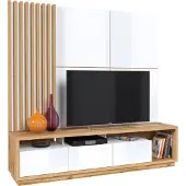 Furniture24 Wohnwand CELINE 09 Lowboard mit Wandpaneel Lamellenwand 3-teilig 200cm Schrankwand Fernsehschrank
