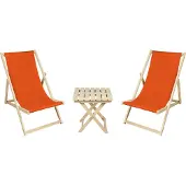 Meblośtyl 2 x Liegestuhl + Beistelltisch Strandliege Holz Sonnenliege Gartenliege Gartentisch Orange