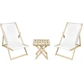 Meblośtyl 2 x Liegestuhl + Beistelltisch Strandliege Holz Sonnenliege Gartenliege Gartentisch Weiß