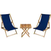 Meblośtyl 2 x Liegestuhl + Beistelltisch Strandliege Holz Sonnenliege Gartenliege Gartentisch Geölt Dunkelblau