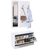 HOMCOM Eingangsbereich, Flur, M?bel-Set, 3-teilig, Schuhregal, Spiegel, Garderobe mit 4 Haken zum Aufh?ngen von Kleidung, 80 x 27 x 46,5 cm, Wei?