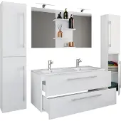 VCM 5-tlg. Doppel Waschplatz | 2x Waschtisch | Badmöbel Set mit Unterschrank, Waschbecken, 2x Hochschrank und Spiegel | Doppelwaschbecken | Komplettset Budasi SP
