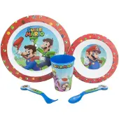 Stor 5-teiliges Nintendo Super Mario Kindergeschirr-Set, BPA-frei, mit tiefem Teller, Essteller, Tasse und Besteck, waschbar und wiederverwendbar