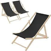 ECD-Germany 3x Liegestuhl klappbar aus Holz, Schwarz, bis 120kg, 3 Liegepositionen, Sonnenliege Gartenliege Relaxliege Strandliege Strandliegestuhl