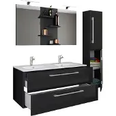 VCM 4-tlg. Doppel Waschplatz | 2x Waschtisch | Badmöbel Set mit Unterschrank, Waschbecken, Hochschrank und Spiegel | Doppelwaschbecken | Komplettset Budasi SP