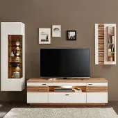 Lomadox Wohnwand, weiß mit Eiche, FALLON-55, modern, 3-teilig, inkl. Beleuchtung