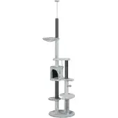 Welikera Kratzbaum mit Deckenspanner, Hängematte, Haus, Plattformen, Spielball, 225-255cm, Grau