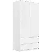 Lookway Kleiderschrank HANA Weiß 2-türig mit 2 Schubladen und Kleiderstange 90x180x50 cm