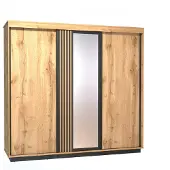 EURO-MEBLE Dreitüriger Kleiderschrank LAMELO LA19 mit Spiegel. Schiebetürenschrank, Stauraum [Eiche Wotan + Schwarz]