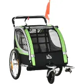 vidaXL Sunvello 2-in-1 Fahrradanhänger für 2 Kinder, Schiebefunktion, Regenschutz, Bremse, Grün