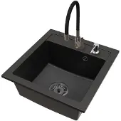 Brado Granitspüle Schwarz mit Flex Gun Gray Armatur, schwarzem Siphon und Seifenspender