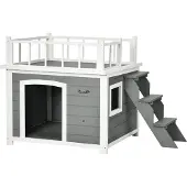 PawHut Hundehütte Hundehaus mit Balkon Erhöhtes Kleintierhaus mit Treppe Fenster