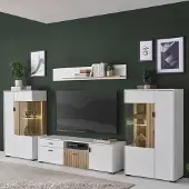 Lomadox TV-Wand mit Vitrinenschränken inkl. Beleuchtung weiß matt Eiche gerillt HUNTER-61, 4-teilig
