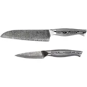 Muxel Messer Set Damast 2-tlg Santokumesser -Obst-und Gemüsemesser