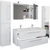 VCM 5-tlg. Doppel Waschplatz | 2x Waschtisch | Badmöbel Set mit Unterschrank, Waschbecken, 2x Hochschrank und Spiegelschrank | Doppelwaschbecken | Komplettset Budasi SC