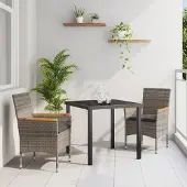 vidaXL 3-teiliges Garten Essgruppen-Set mit Kissen Grau Poly Rattan, Gartenstühle DesignMöbel Neu