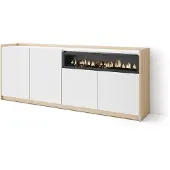 Skraut Home Sideboard, Highboard, 207x37x80cm, 4 Türen, Elektrokamin., Weiß und Eiche Soft