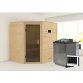 Karibu Sauna Innensauna Mia Eckeinstieg Ofen 9 kW externe Strg easy 196x169x198 cm ohne Dachkranz mit Graphittür