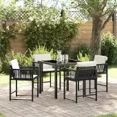 vidaXL 5-teiliges Garten-Ess-Set mit Kissen Schwarz Poly-Rattan, Gartenstühle DesignMöbel Neu