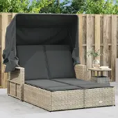 vidaXL Gartenliegen - Doppel-Sonnenliege mit Dach und Auflagen Hellgrau Poly Rattan Möbel21