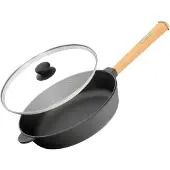Brizoll Ø26cm Gusseisenpfanne 65mm hoch mit Holzgriff und Glasdeckel Induktion Bratpfanne