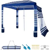 Vevor Strand-Cabana, 2,4 x 2,4 m Strandüberdachung mit Seitenwand, UPF 50+ Sonnenschutz, Cabana mit Sandsäcken, höhenverstellbarer & tragbarer Sonnenschutz für Familie, marineblaue Streifen