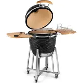 Klarstein Kamado-Grill - zum Grillen, langsamen Garen, Smoken oder Backen, abnehmbare Seitenteile, Keramik, Edelstahl, Bambus, Thermometer von 0-450 °C, 3 Rollen, 75 x 132 x 125 cm, schwarz