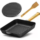 Brizoll 28cm Gusseisen Grillpfanne Holzgriff Pressdeckel Bratpfanne Pfanne Feuerpfanne Pfannenwender Induktion