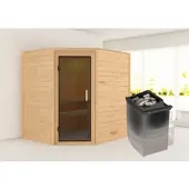 Karibu Sauna Innensauna Mia Eckeinstieg Ofen 9 kW integr. Strg 196x169x198 cm ohne Dachkranz mit Graphittür