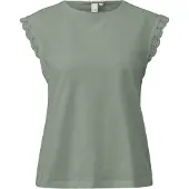 QS Rundhalsshirt , Damen, Gr. XL (42), grün (olive), Jersey, Obermaterial: 100% Baumwolle, unifarben, normal hüftbedeckend, Rundhals, Häkelkante, Shirts Rundhalsshirt, mit Häkel-Details an der Schulter