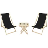 Meblośtyl 2 x Liegestuhl + Beistelltisch Strandliege Holz Sonnenliege Gartenliege Gartentisch Schwarz