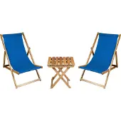 Meblośtyl 2 x Liegestuhl + Beistelltisch Strandliege Holz Sonnenliege Gartenliege Gartentisch Geölt Blau