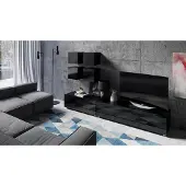 EURO-MEBLE Wohnwand CALABRINI-18 Wohnzimmer-Set Hängewohnwand Schrankwand Schrank TV-Schrank Moderne Anbauwand Hochglanz (Schwarz)