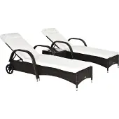 Welikera 3er-Sonnenliegen-Set, 2x Gartenliege mit Beistelltisch, inkl. Liegeauflagen, Polyrattan, Braun+Cremeweiß