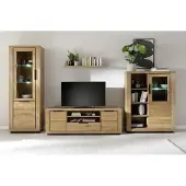 Freiraum Wohnwand >GRENO< in natur geölt, Wildeiche teilmassiv - 407x200x54cm (BxHxT)