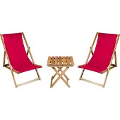 Meblośtyl 2 x Liegestuhl + Beistelltisch Strandliege Holz Sonnenliege Gartenliege Gartentisch Geölt Rot