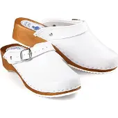 Aves-24 CLOGS Pantolette Sandalette Holz Leder Holzschuhe Holzclogs Damen Klotschen Weiß 36