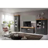 Lebenswert Wohnwand >WZ-0133< (3-teilig) Massivholz grau / eichefarbig - 360x214x42 (BxHxT)