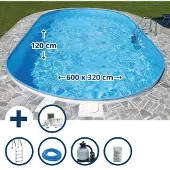 Summer Fun Stahlwandpool Set (6-teilig) oval tief Faro 600x320x120 cm, Stahl 0,6 mm weiß Folie 0,6 mm blau, Einhängebiese